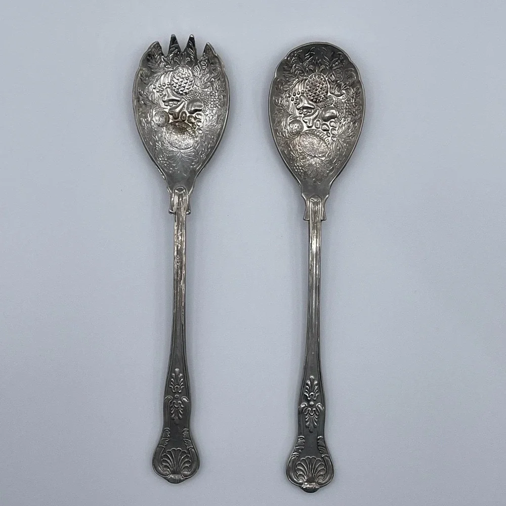Silverplate Salad Serving Set Vintage English Fruit Repousse 2 Pc Fork and Spoon